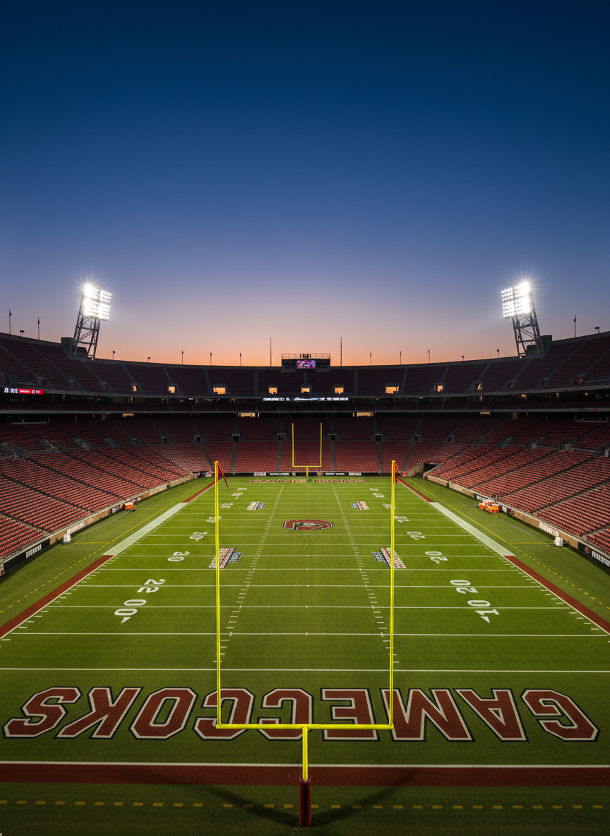A dramatic, wide-angle photographic view of an empty Southeastern collegiate football stadium at dusk, the field in South Carolina featuring bold end zone lettering and freshly painted yard lines. Stadium lights blaze to life, casting powerful beams that create crisp highlights on the turf and long, structured shadows from the goalposts. The sky transitions from deep blue to a faint orange glow on the horizon, suggesting anticipation before a major rivalry game. Shot from the 50-yard line at a low angle, the composition emphasizes sweeping rows of seats and towering light structures. The mood is serious and anticipatory, conveying the scale of regional sports coverage with clean, ultra-realistic details and a professional, broadcast-ready aesthetic.
