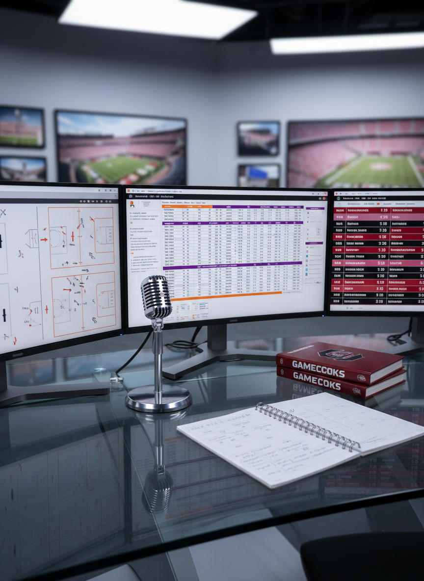 A large, ultra-modern glass desk in a minimalist newsroom setting, dominated by multiple widescreen monitors displaying high-resolution sports statistics, game diagrams, and South Carolina team schedules in monochrome and subtle accent colors. A polished metal microphone, a stack of neatly arranged playbooks, and a spiral-bound scouting report sit on the desk, all lit by cool, balanced studio lighting that reduces harsh shadows. The atmosphere is analytical and data-driven, suggesting serious sports media coverage. Shot from a slightly elevated angle with strong leading lines from the desk edges and monitor stands, the composition feels clean and organized. The photographic realism emphasizes sharp details in the screens and paper textures, with a soft blur on the distant wall of framed stadium photographs behind.