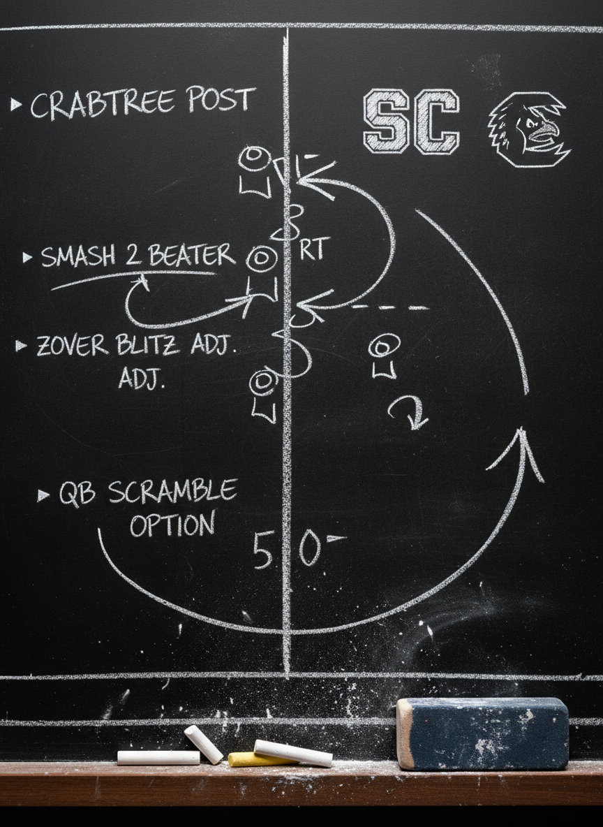 A close-up, top-down view of a detailed, hand-drawn tactical diagram of a college football play on a matte black chalkboard, precise white lines and arrows showing motion, coverage, and blocking schemes tailored to a South Carolina opponent. Chalk dust collects in fine patterns along the board’s wooden ledge, where white and yellow chalk pieces lie scattered beside a worn felt eraser. Overhead, diffused studio lighting creates an even, professional glow with soft shadows around the chalk pieces, highlighting textures without glare. The mood is strategic and thoughtful, evoking in-depth analysis. The composition uses tight framing and shallow depth of field, keeping the central play diagram in perfect focus while the edges subtly blur, producing a high-end sports analysis visual in a photographic style.
